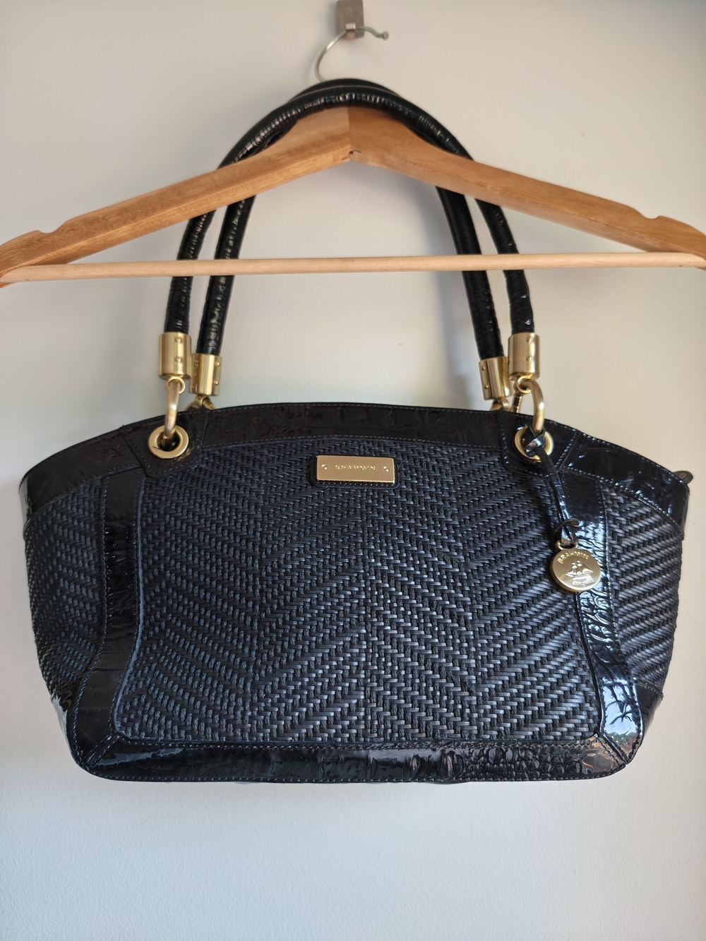 Brahmins Leather Black Woven Tote Handbag with Gold Hardware